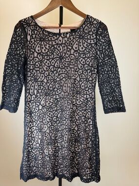Mango MNG Black Floral Lace Overlay Shift Dress - Nude Lining 3/4 Sleeve | SZ 6